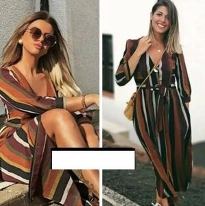 🏵️💚 Zara Long Flowing Striped Dress With Buttons and Tie